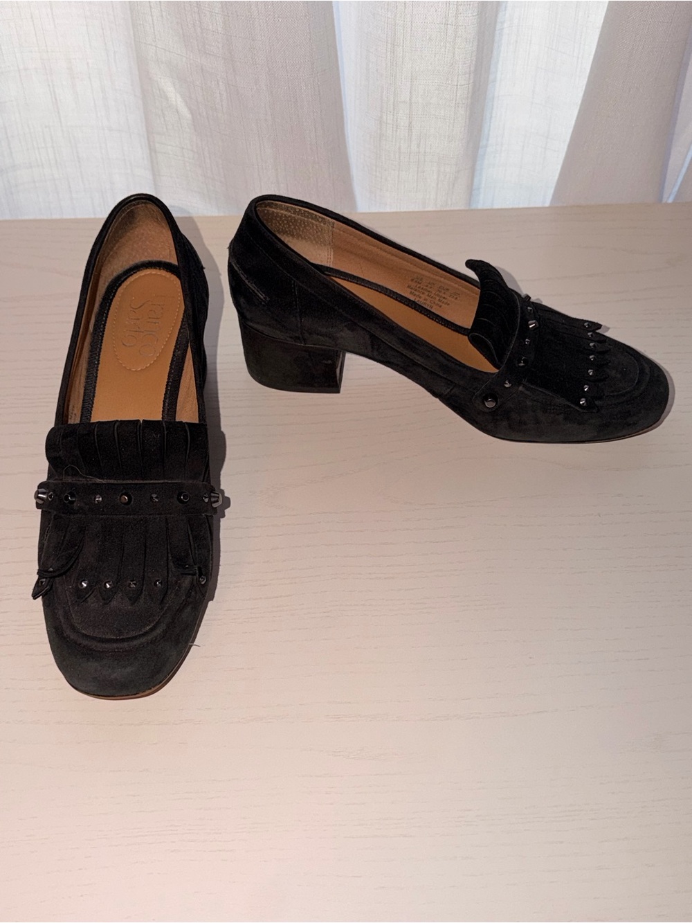 Franco Sarto Black Suede Fringe Loafers with Stud Detail